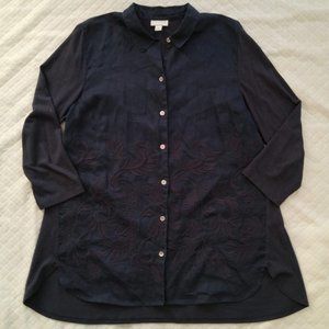 J Jill Blouse Top Blue Embroidered Linen Jersey Tunic Collared Button Front M